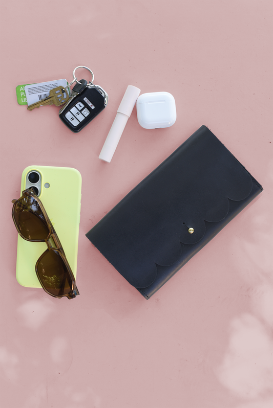 Scalloped Black Leather Trifold Wallet