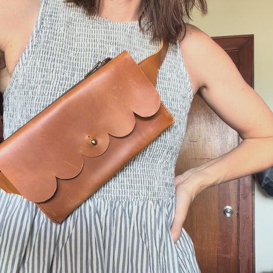 Scalloped Sling Bag in Cognac Brown Leather