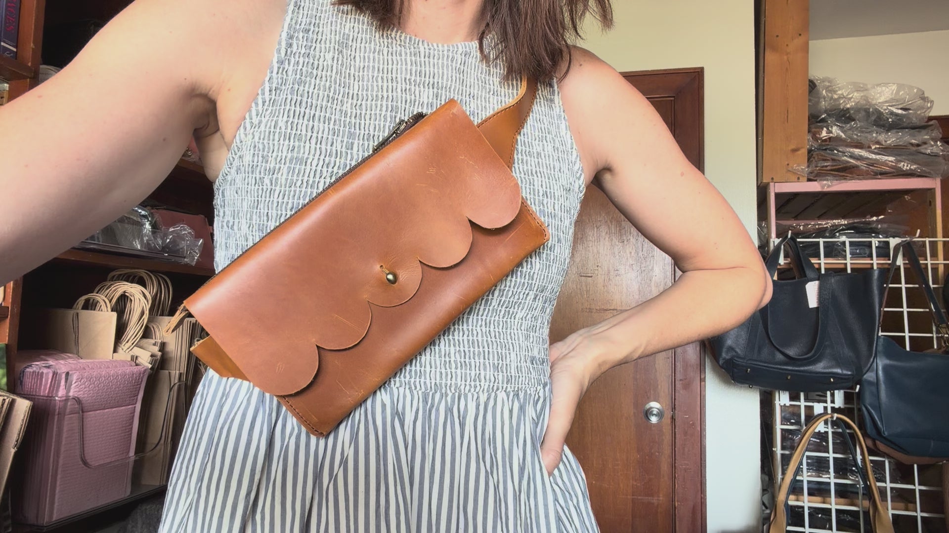 Scalloped Sling Bag in Cognac Brown Leather
