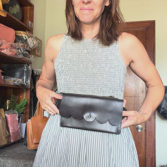 Scalloped Sling Bag in Black Leather