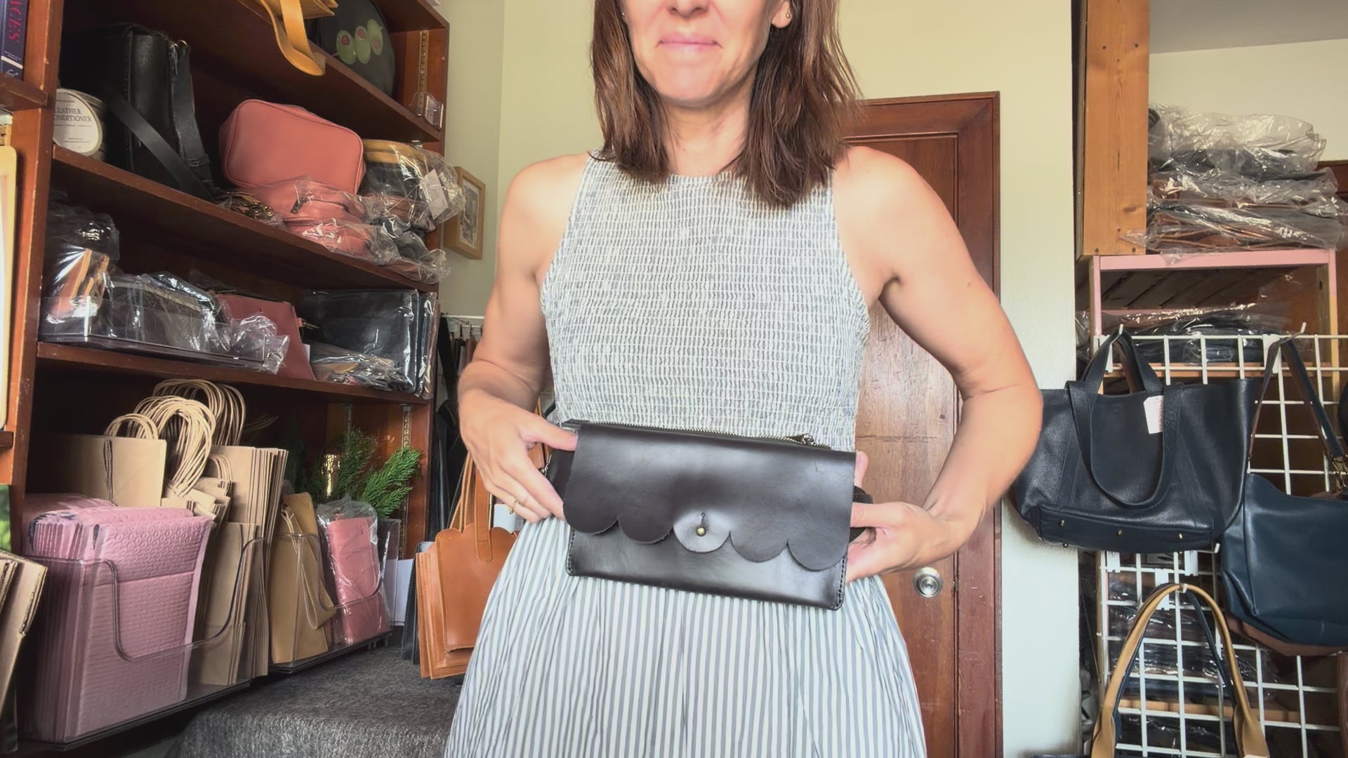 Scalloped Sling Bag in Black Leather